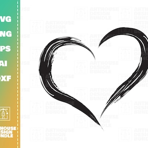 May include: A black, brushstroke-style heart graphic on a white background. The image includes the text "SVG, PNG, EPS, AI, DXF" and "ARTHOUSE DESIGN BUNDLE". This design is suitable for various digital projects.