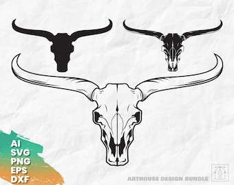 Bull Skull SVG, Bull Skull Clipart, Bull Skull Silhouette, Texas Long Horn, Long Horn svg, Long Horn Silhouette, Cow Skull svg, Bull Head