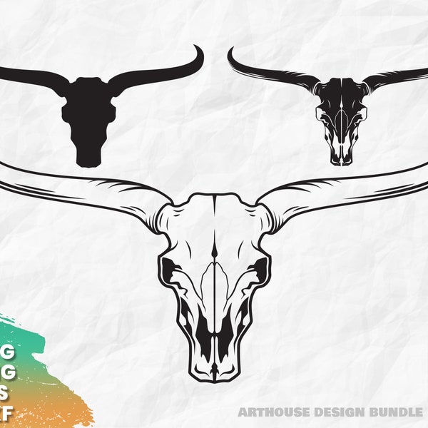 Bull Skull SVG, Bull Skull Clipart, Bull Skull Silhouette, Texas Long Horn, Long Horn svg, Long Horn Silhouette, Cow Skull svg, Bull Head