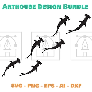 May include: A digital design bundle featuring five black silhouette illustrations of hammerhead sharks. The sharks are in various positions, swimming in different directions. The text "ARTHOUSE DESIGN BUNDLE" is at the top of the image. The text "SVG - PNG - EPS - AI - DXF" is at the bottom of the image.