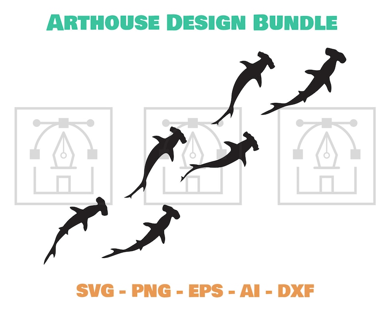 May include: A digital design bundle featuring five black silhouette illustrations of hammerhead sharks. The sharks are in various positions, swimming in different directions. The text "ARTHOUSE DESIGN BUNDLE" is at the top of the image. The text "SVG - PNG - EPS - AI - DXF" is at the bottom of the image.