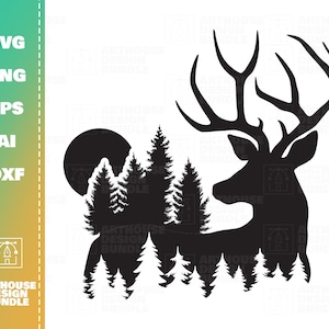 Bosque de ciervos SVG, Bosque svg, Silueta del bosque, Imágenes prediseñadas del bosque, Ciervos svg, Ciervos Cricut, Silueta de ciervos, Logotipo de caza svg, Imágenes Prediseñadas de caza