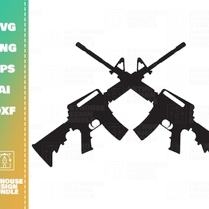 May include: Silhouette of two black assault rifles crossed in an X shape.
