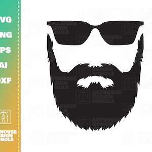 May include: Black and white silhouette of a person with a beard and sunglasses. The beard is thick and full, and the sunglasses are classic and stylish.