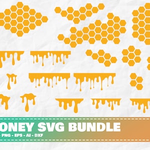 May include: A digital download bundle of honey-themed SVG files. The bundle includes various honeycomb designs and dripping honey graphics. The text "HONEY SVG BUNDLE" is displayed at the bottom of the image.
