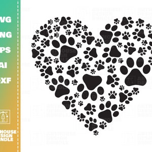 May include: Black and white silhouette of a heart shape made up of paw prints.