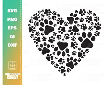 Corazón de impresión de pata, svg de pata, imágenes prediseñadas de impresión de pata, svg de patas de perro, imágenes prediseñadas de patas de perro, silueta de impresión de pata, silueta de perro, imágenes prediseñadas de mascotas, svg de perro