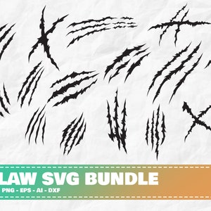 May include: A set of black claw scratch marks in different designs, set against a white, textured backdrop. The image features the text "CLAW SVG BUNDLE" and file type details at the bottom.