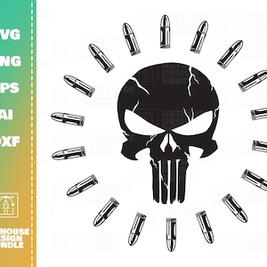 May include: Black and white silhouette of a skull with a cracked texture, surrounded by a circle of bullets.
