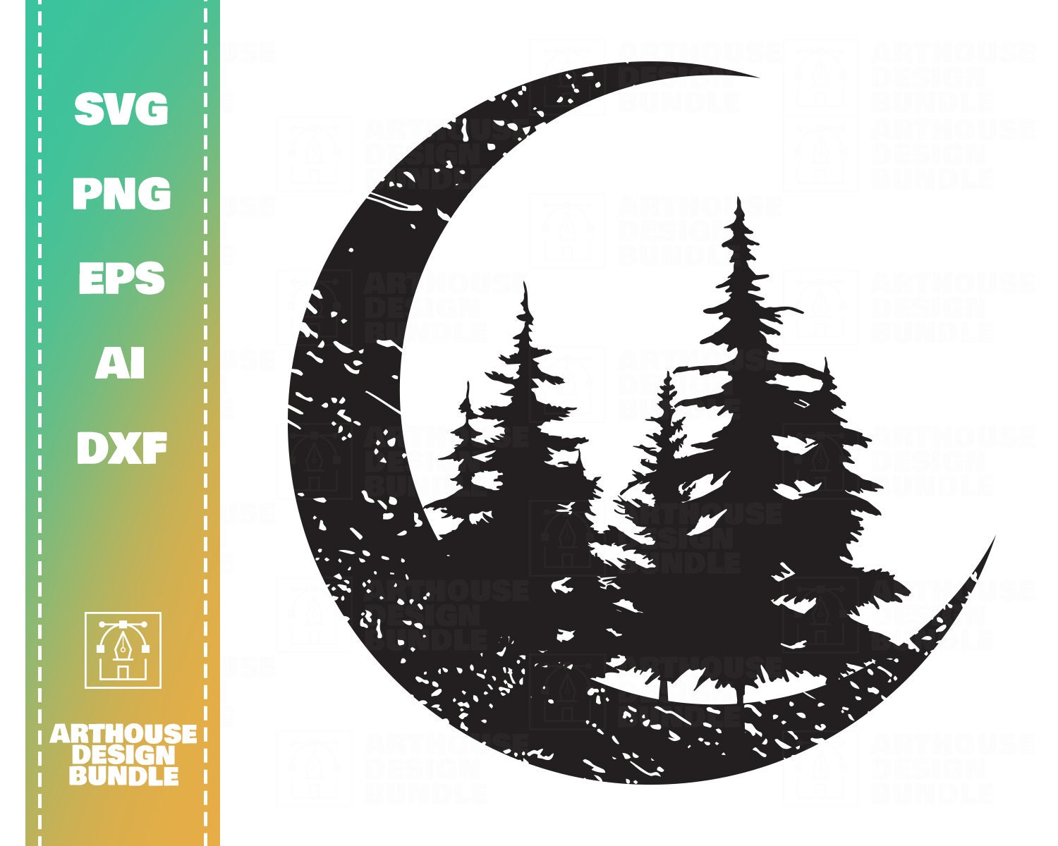 Moon And Trees Svg Distressed Moon Svg Moon Clipart Svg Etsy