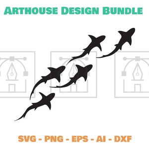 May include: Silhouette design of five black sharks swimming in a curved formation. The design is perfect for creating a unique and stylish graphic for a variety of projects.
