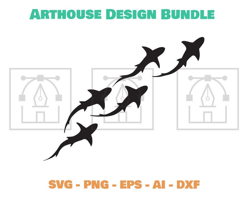 May include: Silhouette design of five black sharks swimming in a curved formation. The design is perfect for creating a unique and stylish graphic for a variety of projects.