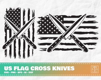 Facas cruzadas da bandeira dos EUA, faca Clipart svg, facas Cricut svg, bandeira dos EUA svg, logotipo da faca svg, bandeira americana svg, 4 de julho svg, chef americano