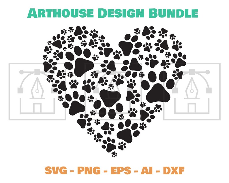 May include: Black and white silhouette of a heart made of paw prints. The text "ARTHOUSE DESIGN BUNDLE" is at the top of the image. The text "SVG - PNG - EPS - AI - DXF" is at the bottom of the image.
