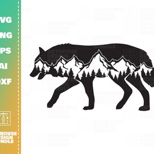 May include: Black silhouette of a wolf with a mountain range and pine trees inside the silhouette.