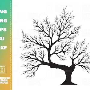 May include: Black silhouette of a bare tree with branches reaching out in all directions. The tree has a thick trunk and a wide base.