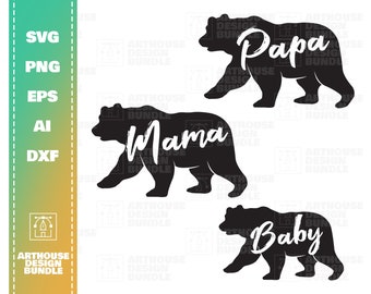 Clipart de família de urso, urso svg, mamãe urso svg, mamãe urso clipart, silhueta de urso, arquivo de corte de urso. Bebê Urso svg, Urso Clipart svg, Bebê svg