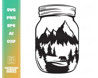 Mason Jar Bear Mountain, aventura svg, aventura clipart, camping svg, silhueta de montanha, silhueta de urso, silhueta de floresta, urso cricut