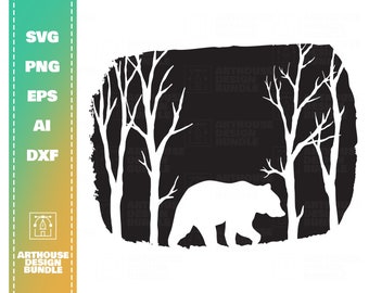 Silhueta de floresta de urso, urso svg, aventura svg, acampamento svg, floresta svg, clipart de urso, urso cricut, camisa de acampamento svg, camisa de aventura svg