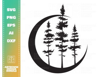 Lua e árvores SVG, Lua svg, Árvores svg, Floresta svg, Camping svg, Aventura svg, Floresta Clipart svg, Logotipo de acampamento, Lua Clipart svg
