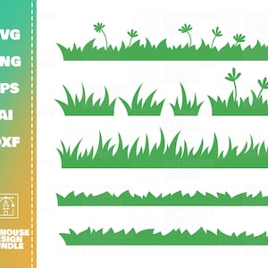 May include: Set of five different green grass border silhouettes. Each border features a different style of grass blades and some have small flowers.