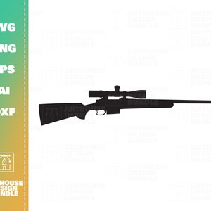 May include: A black silhouette of a rifle with a scope, designed for precision shooting. The rifle is depicted in a side profile, showcasing its long barrel and detailed scope. The image also includes the text "SVG, PNG, EPS, AI, DXF" and "ARTHOUSE DESIGN BUNDLE".