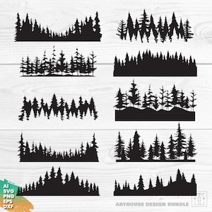 Paquete SVG de bosque 2, paquete de imágenes prediseñadas de bosque, silueta de bosque, paquete de svg de árboles, svg de silueta de árboles, svg de bosque al aire libre, svg de campamento