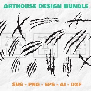 Puede incluir: Un paquete de dise&ntilde;o digital con marcas de garras y rasgu&ntilde;os negros. El texto "ARTHOUSE DESIGN BUNDLE" est&aacute; en verde, y las opciones de tipo de archivo se enumeran en naranja: SVG, PNG, EPS, AI y DXF.