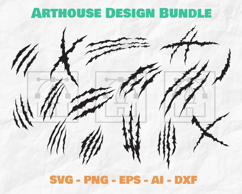 Puede incluir: Un paquete de dise&ntilde;o digital con marcas de garras y rasgu&ntilde;os negros. El texto "ARTHOUSE DESIGN BUNDLE" est&aacute; en verde, y las opciones de tipo de archivo se enumeran en naranja: SVG, PNG, EPS, AI y DXF.