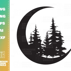 Bomen en Maan SVG, Distressed Moon svg, Moon Clipart svg, Forest svg, Forest Clipart, Camping svg logo, Nocturnal Nature svg, Forest Cricut