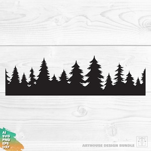 May include: Black silhouette of a forest with multiple pine trees of varying heights. The trees are all clustered together and form a continuous line across the image.