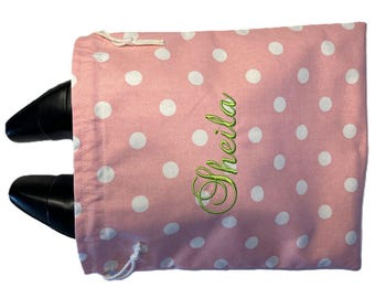 Sac à chaussures de voyage personnalisé rose à pois : rangement pour chaussures à monogramme, cadeau brodé sac à chaussures de voyage pour chaussures Sac de transport pour chaussures de voyage