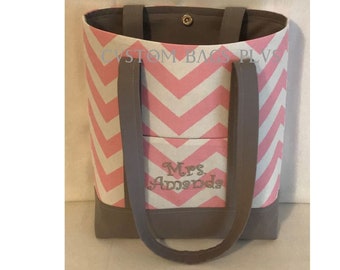 SAVE 6.00 Plus FREE SHIP Pink Zig Zag Tote Bag-Personalize Teacher Tote Bag-Personalized Teacher Gift-Personalized Monogram Tote-Teacher Bag