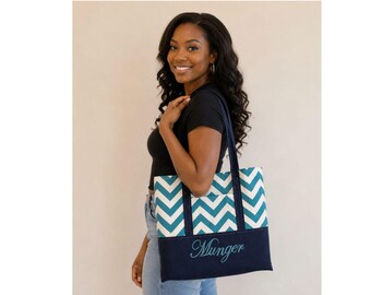 Women canvas large beach tote bag handmade in Ocean Zig Zag Print or Your Selection of Fabric with Magnetic/Zipper Closure, Multiple Pockets