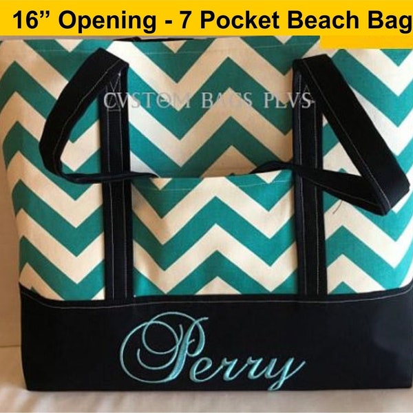 Beach Tote Bag for Woman-16 Inch Opening-7 Pockets-Large Teacher Tote Bag with Pocket-Baby Teacher Beach Bag Tote-Travel Tote Outside Pocket