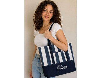 Women canvas large beach tote bag handmade in Navy Stripe Print or Your Selection of Fabric with Magnetic/Zipper Closure, Multiple Pockets