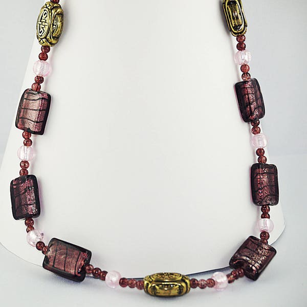 COLLIER VERRE  MURANO prune et rose poudré