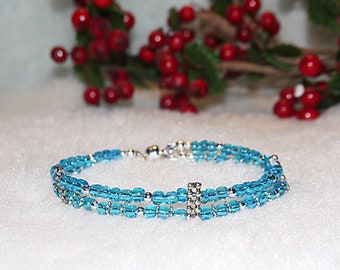PULSERA DE PERLAS DE CRISTAL Doble azul eléctrico y cuentas tibetanas