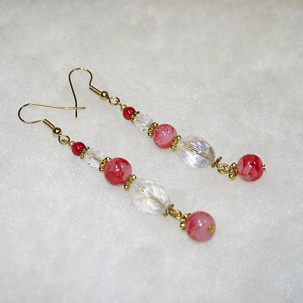 BOUCLES d'Oreilles Perles Rouges et Cristal de Swarovski - plaqué or