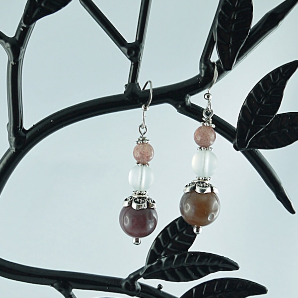 BOUCLES D'OREILLES GOUTTE, Perles Agate marron, Quartz Fraise, perles de verre