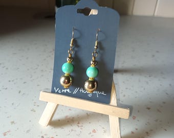 EARRINGS with water green and gold glass beads