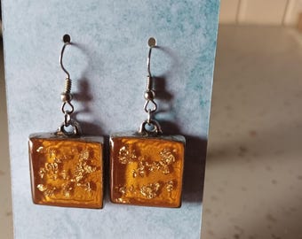 PENDIENTES DE PLATA 925 cuadrados inclusiones de resina naranja hojas doradas