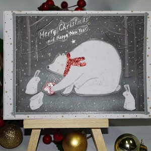 CARTE VŒUX NOEL et nouvel an ours polaire et lapins dessins naïfs