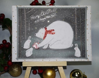 CARTE VŒUX NOEL et nouvel an ours polaire et lapins dessins naïfs