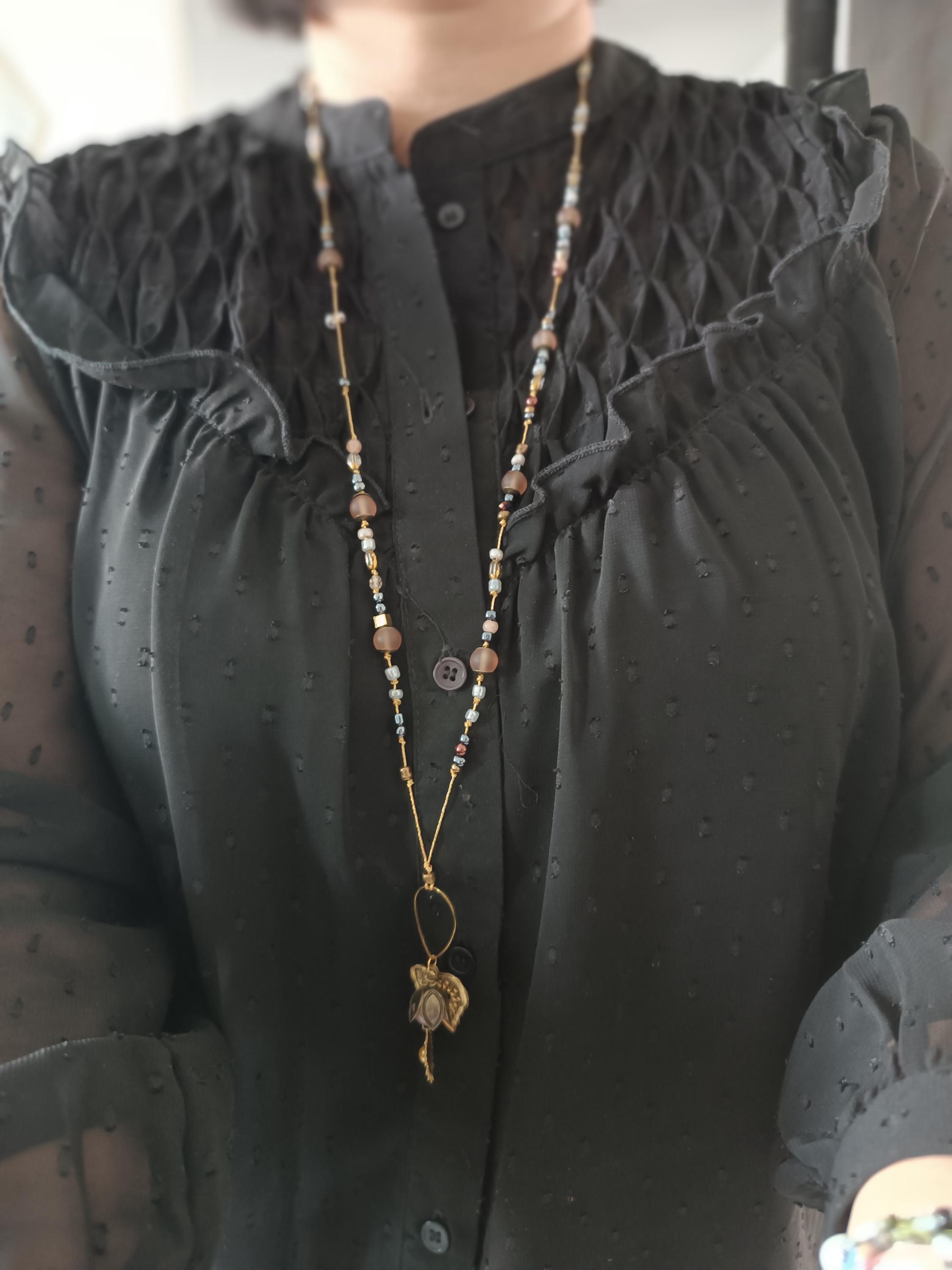 Collier Sautoir Vintage Perles De Verre Rosé Nacré 1 Mètre - Bijou Ancien Femme Gris
