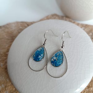 Dangle earring, stainless steel, drop shape, Japanese washi paper, blue and gold