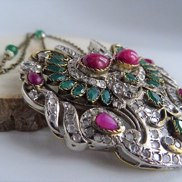 Plastron pendant, large XXL pendant, ruby and emerald necklace, zircon, old model, artistic craftsmanship, hand-chiseled