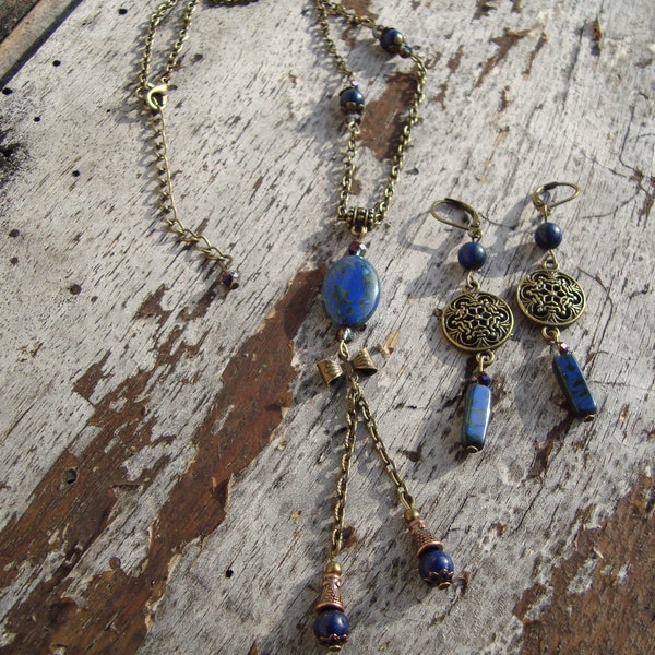 Parure "lapis lazuli", bleue, perle de bohème