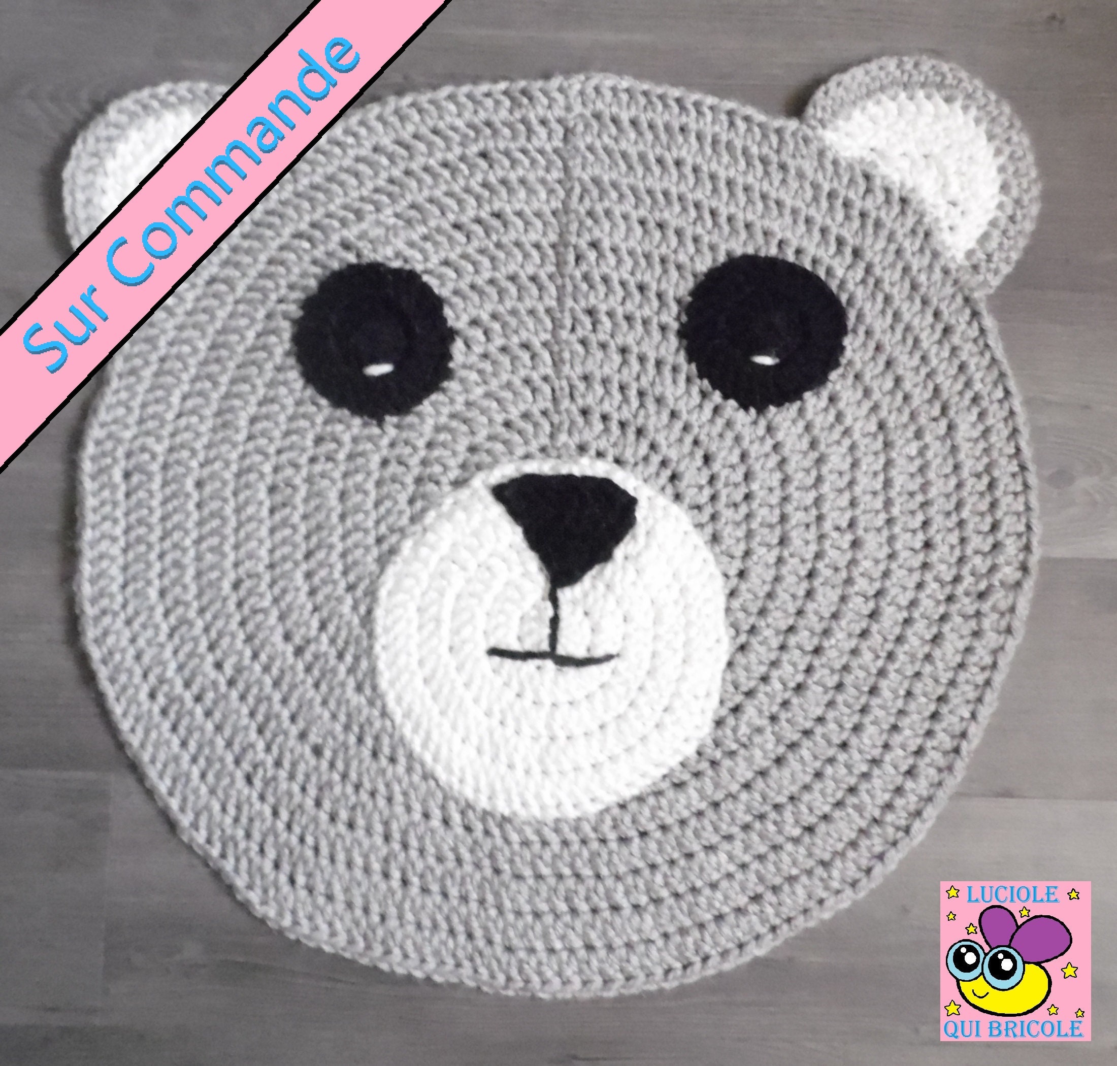 Tapis Rond Gris, Tête d'ours sur Commande 60cm de Luciolequibricole