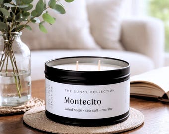 Montecito Soy Candle | Wood Sage, Sea Salt, Marine | Fresh Ocean Scent | 6 oz. Black Tin | Gift Idea